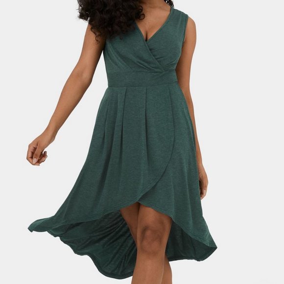 HALARA Dresses & Skirts - Halara Green Low Cut Faux Wrap Sleeveless Hi-Low Midi Dress